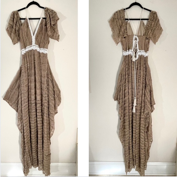 Boho Maxi Dress Off Shoulder Ruffle Lace Train Fairy Cottagecore Photoshoot - Picture 5 of 16